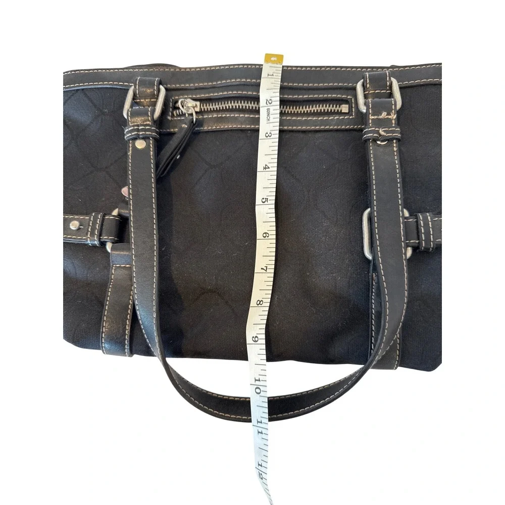 Nine West Womens Black Jacquard Canvas Shoulder Bag Buckle Detail Faux Leather